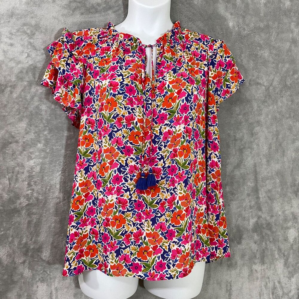 ROSE + OLIVE Floral Peasant TOP 1X Ruffle Feminine Popover Tassel Boho Cottage